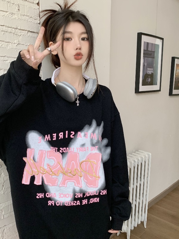 實拍大碼女裝設計感中長款衛衣美式復古別致圓領大版街頭外套