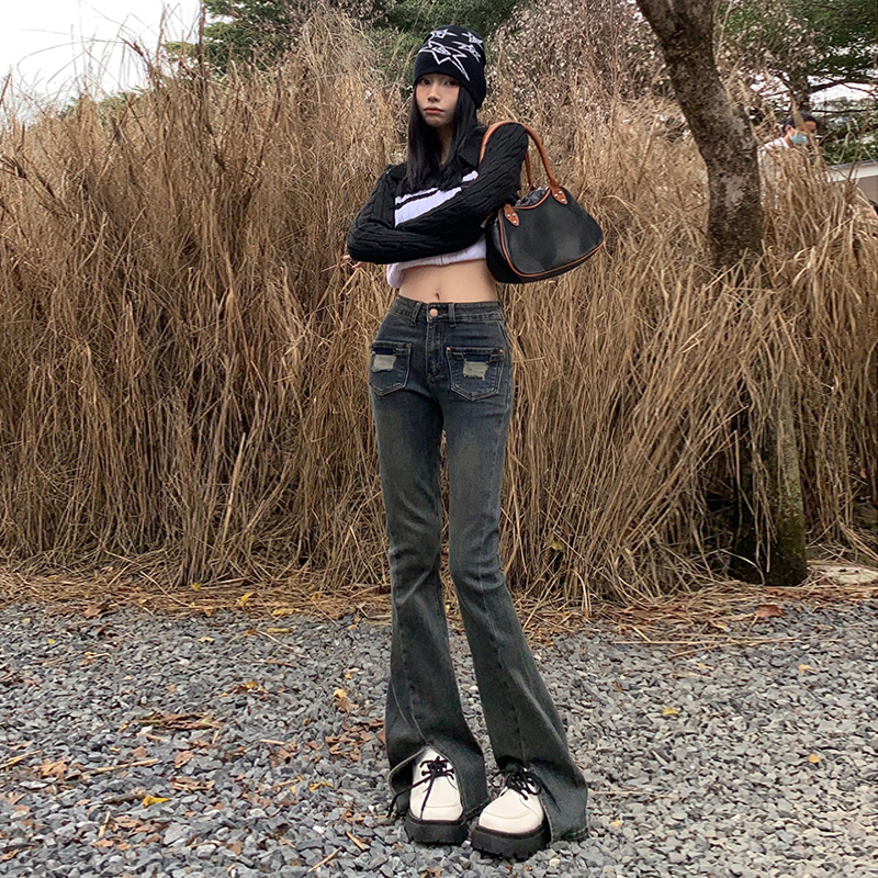 實拍2023秋季時尚復古微喇開叉牛仔褲女新款高腰顯瘦拖褲