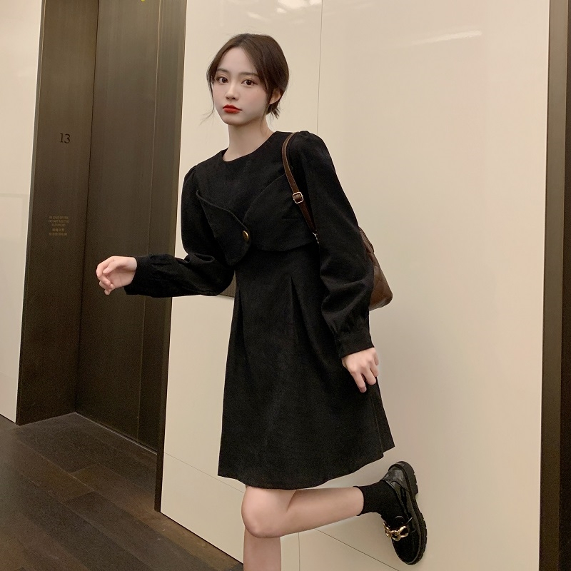 2023秋新款韓版長袖中裙設計感裙子茶歇休閒連衣裙女