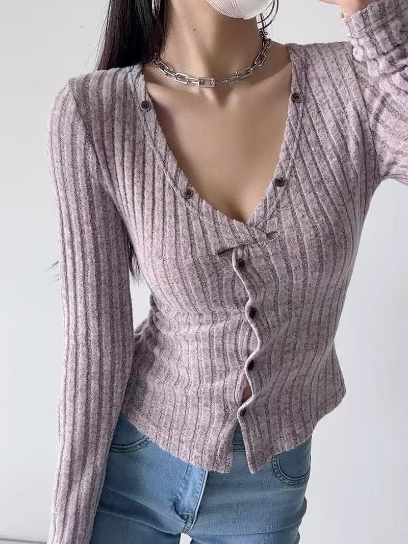 純欲性感純色軟糯坑條針織開衫女春秋季柔氣質扭結單排扣長袖毛衣