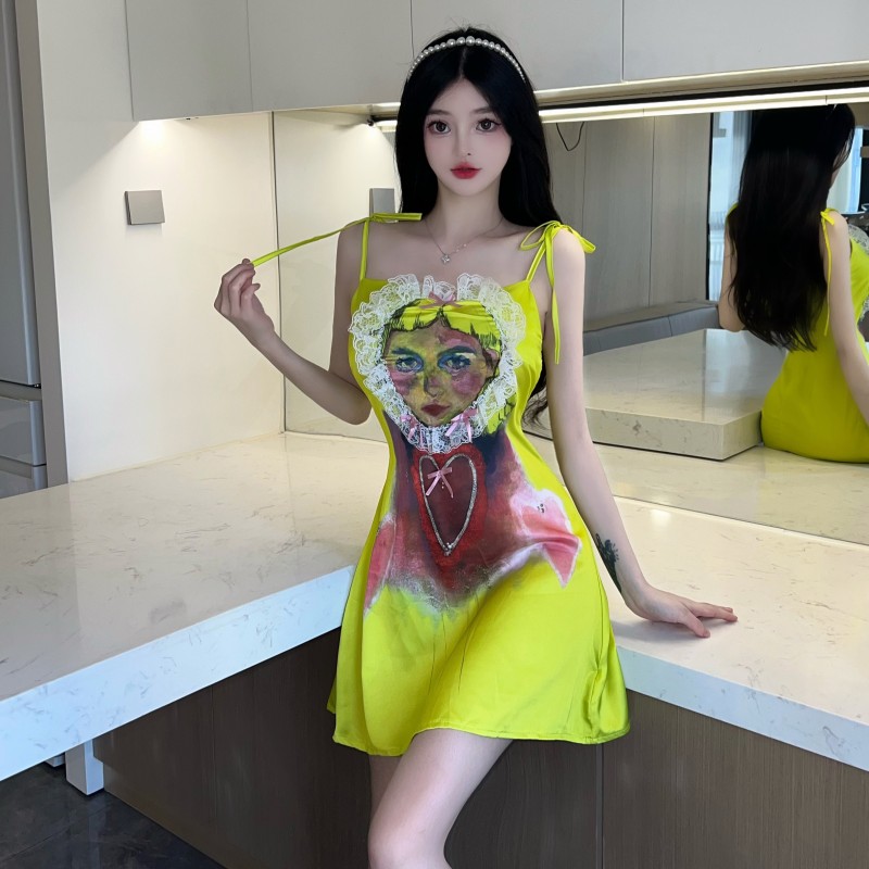 實拍~吊帶熒光色印花可愛外貿性感多巴胺連衣裙女