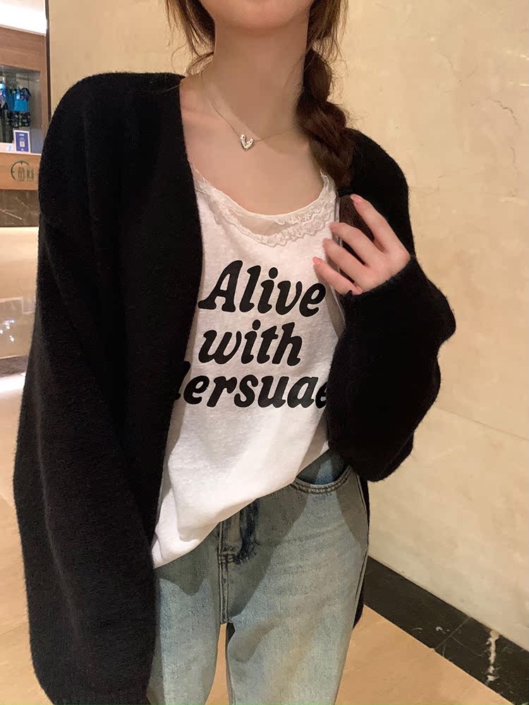 烏77奶fufu慵懶風圓領毛衣外套女韓版秋冬寬鬆百搭一粒扣內搭開衫