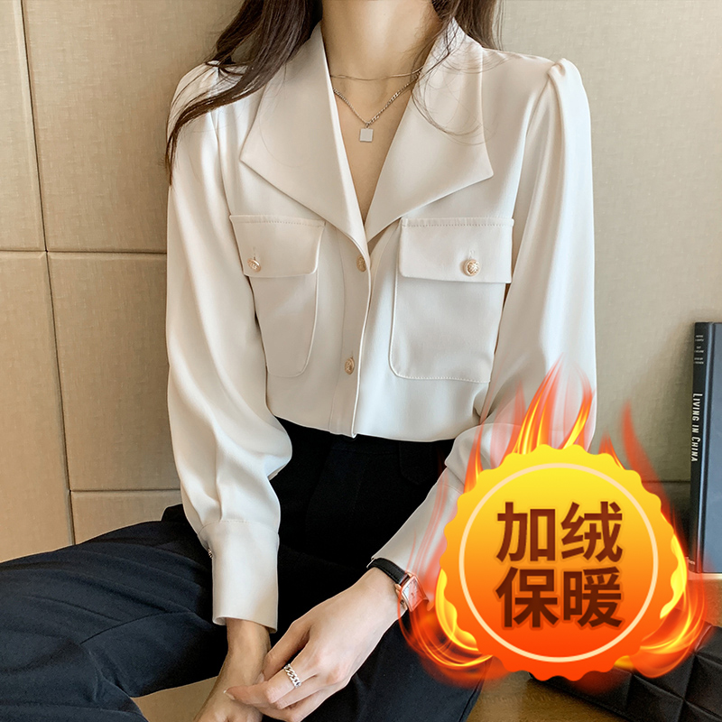 加絨加厚襯衫女設計感小眾白色翻領上衣2023秋冬新品百搭長袖襯衣