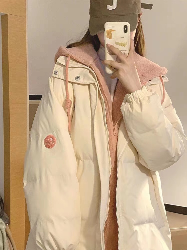 羊羔毛拼接假兩件加厚連帽羽絨棉服女2023年新款日系情侶棉衣外套