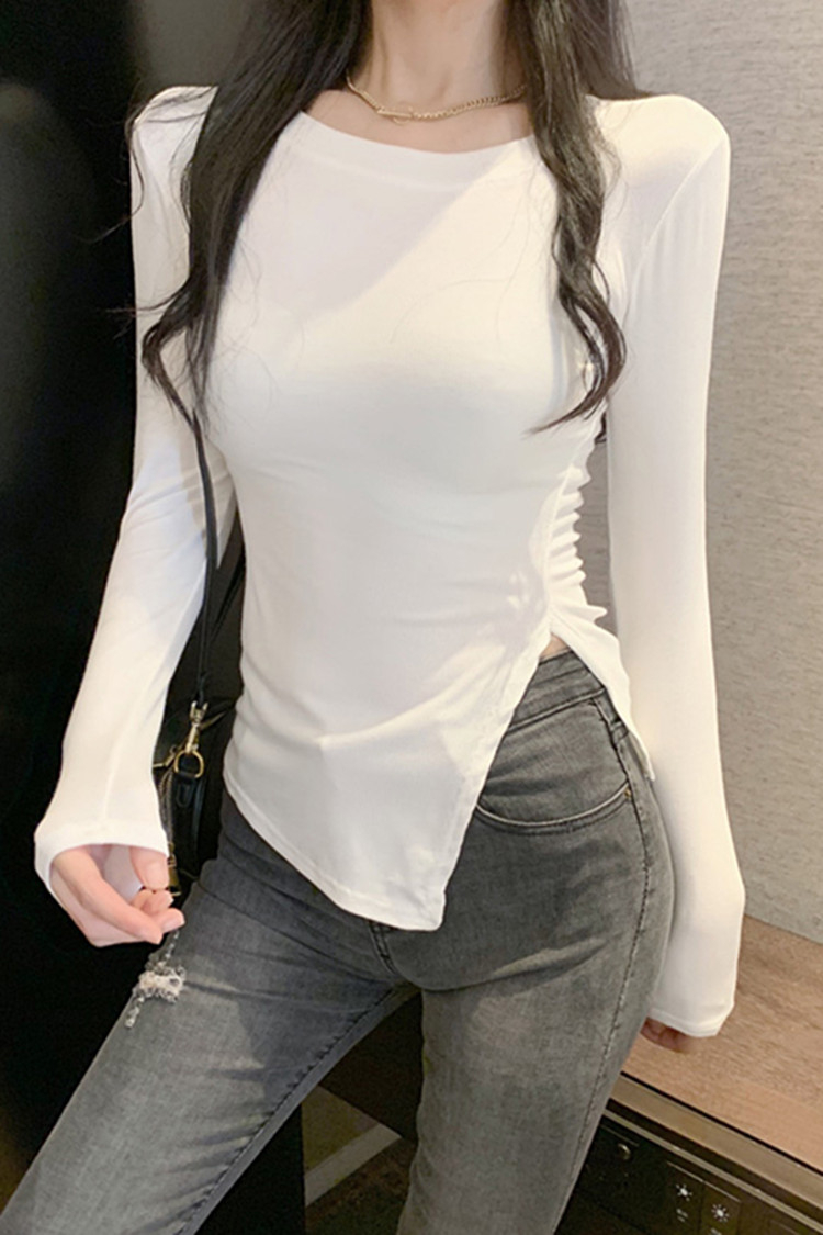 小個子春秋季韓版修身顯瘦長袖t恤圓領開叉上衣女士冬季打底衫潮