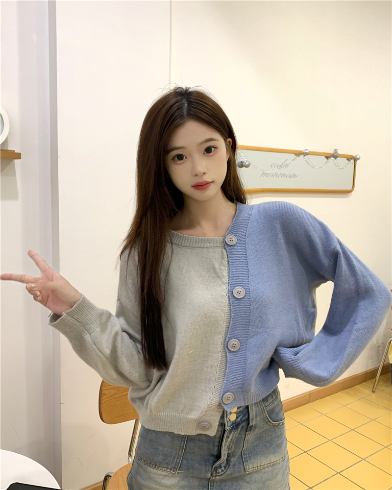 Real shot of color-blocked temperament beveled edge single-breasted slimming and age-reducing sweater jacket