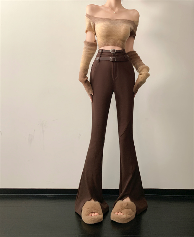 實拍  修身雙腰顯腿長微喇叭女2023新款開叉休閒長褲女