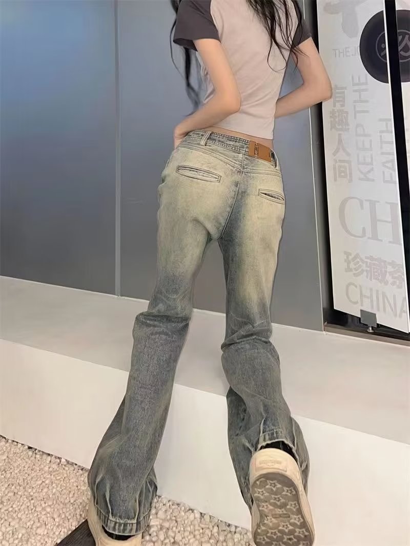 美式復古水洗做舊低腰微喇牛仔褲女設計感小眾直筒顯瘦闊腿拖地褲
