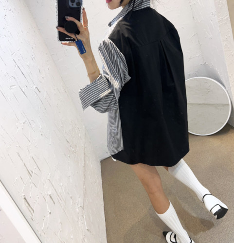 韩国chic秋季新款复古撞色翻领条纹长袖衬衫女宽松休闲衬衣