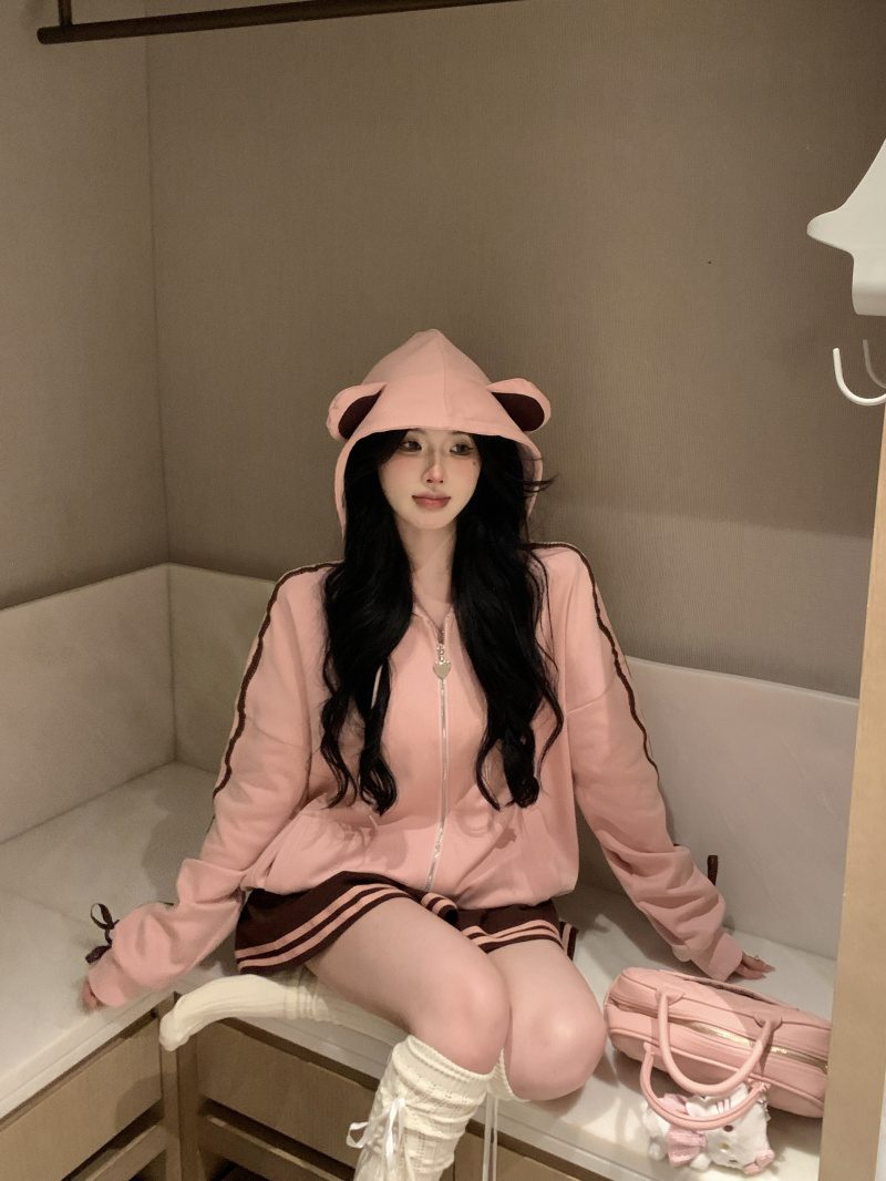 實拍~甜美慵懶風寬鬆顯瘦長袖連帽衛衣+短裙套裝