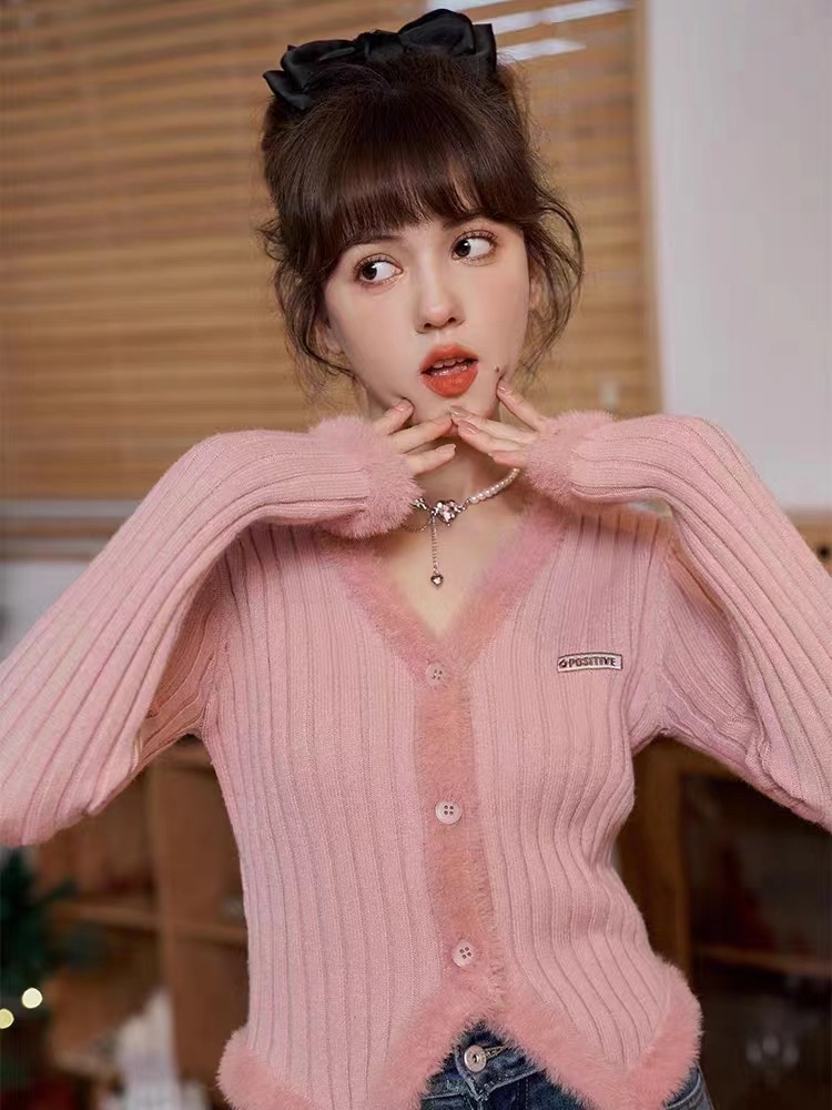 螞蟻q娃短款毛衣開衫女春秋新款2023白色修身條紋小個子V領上衣