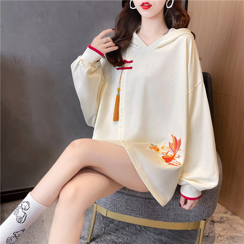 Real shot of autumn clothing Korean style loose hooded Chinese style retro mid-length plus size women's thin sweatshirt for women