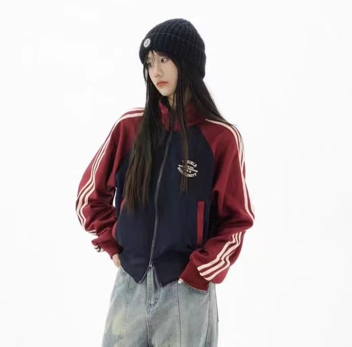 美式復古學院風辣妹短款拉鏈開衫女條紋拼色立領休閒外套