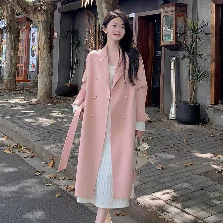 今年流行的英倫雙排扣系帶長毛呢外套女秋冬季中長款寬鬆百搭大衣