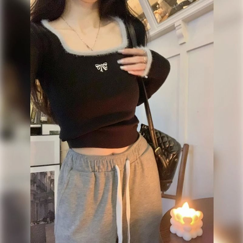 德絨高級感純欲風方領內搭毛衣女秋冬2023新款秋裝修身打底衫