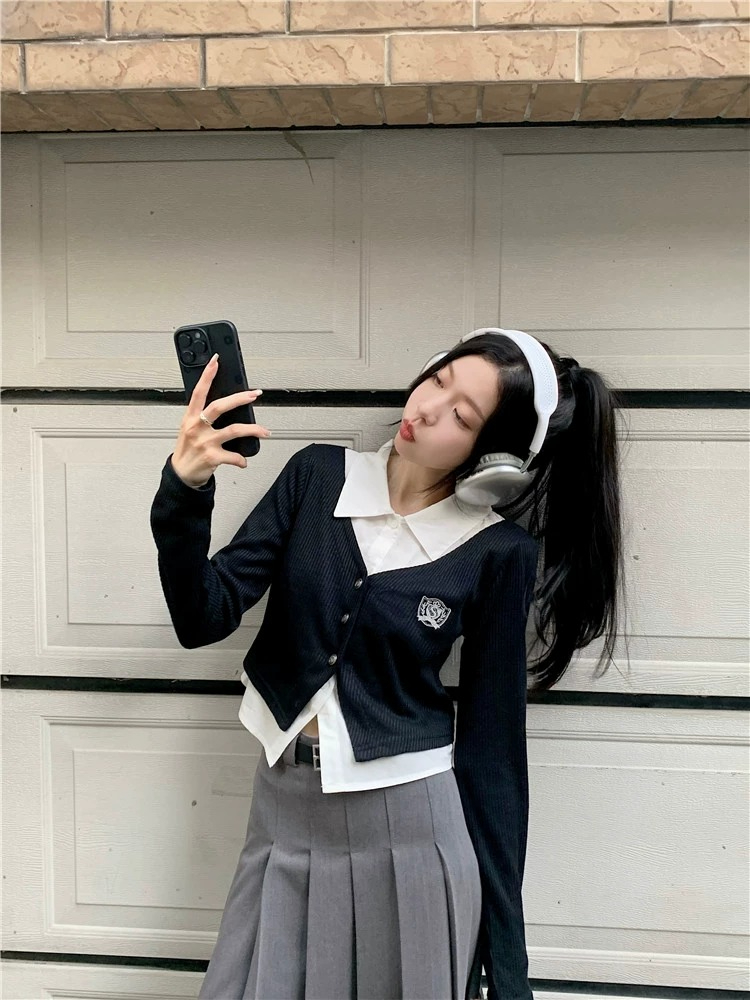 少女凱拉~學院風套裝女裝假兩件針織衫上衣秋季