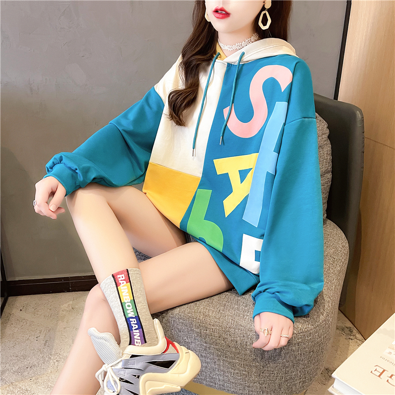 Real shot of autumn Korean style loose hooded splicing color mid-length large size women's thin sweatshirt for women