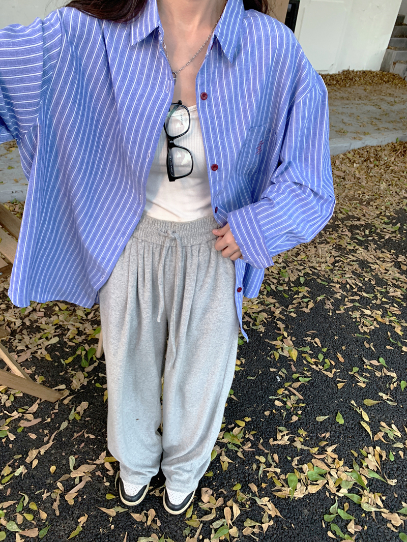 實拍韓系復古條紋襯衫女寬鬆早秋設計感小眾長袖外套上衣服