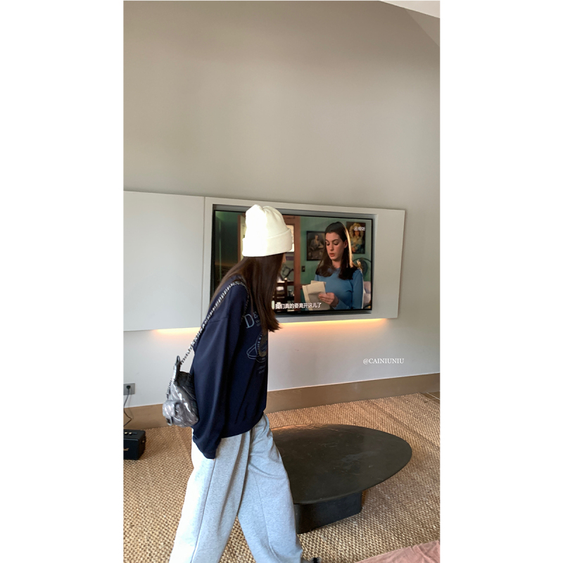 蔡妞妞 2023秋季新款寬鬆復古美式星球印花設計感圓領套頭衛衣