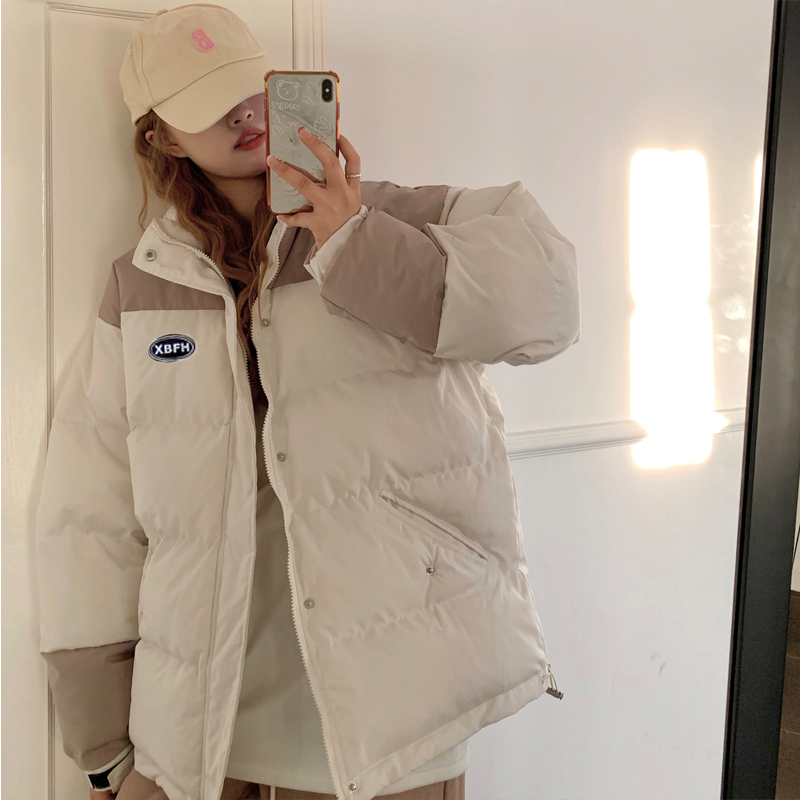 拼接設計感短款羽絨服女2023年新款小個子情侶加厚麵包服棉外套潮