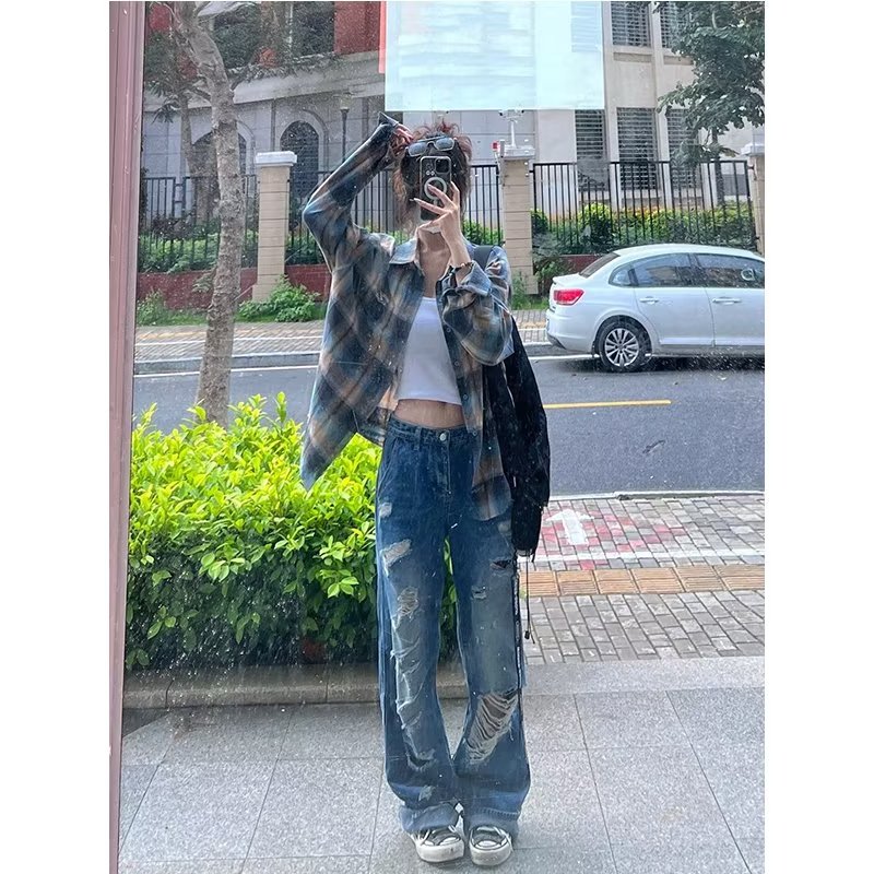 復古格子刺繡休閒寬鬆慵懶風春秋季長袖襯衫女外套