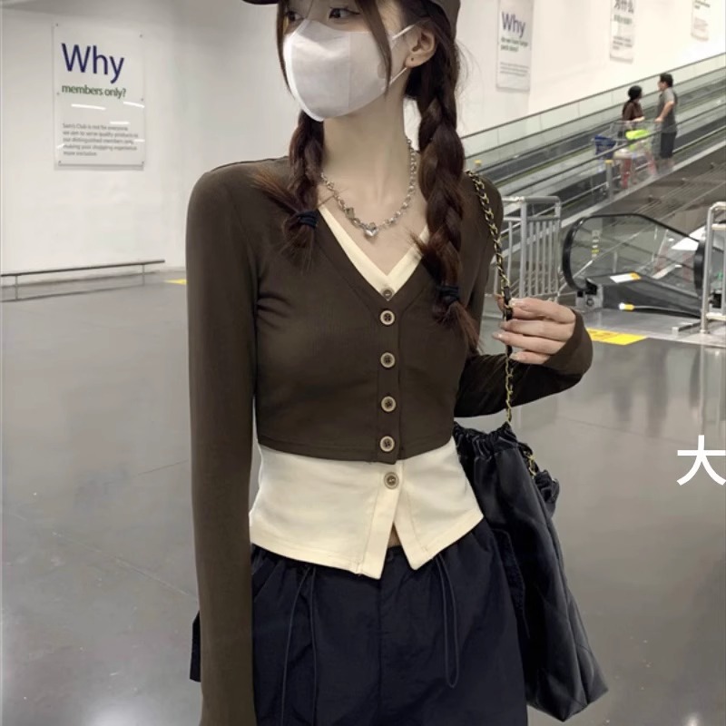 40支92棉8氨綸質量假兩件長袖t恤辣妹上衣大碼女裝 M-4XL