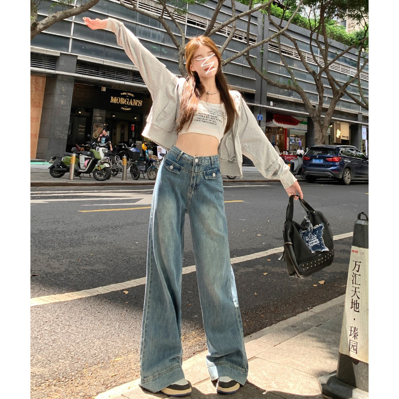 實拍 秋季新款復古寬鬆顯瘦百搭拖地牛仔褲女