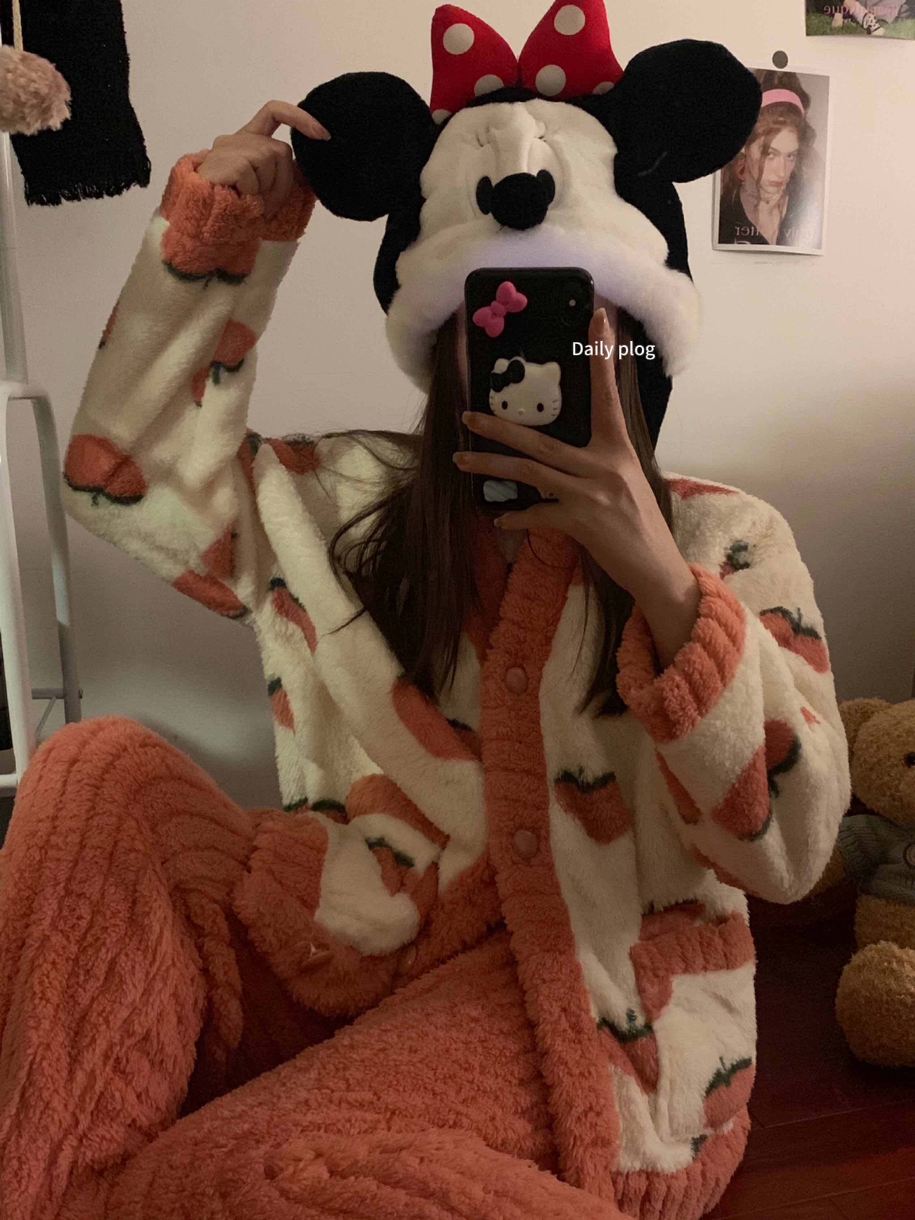 實拍烏龍桃珊瑚絨睡衣女秋冬季加絨加厚水蜜桃家居服兩件套裝
