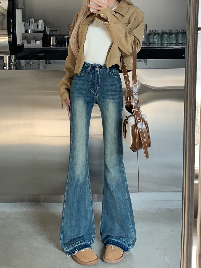 Actual shot #Stretch micro-flare denim trousers for women, slim-fitting and slim design, must-edge floor-length horse hoof trousers
