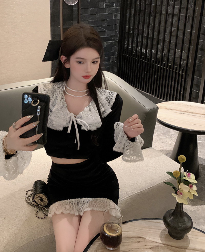 實拍 查靈晚宴 法式黑絲絨蕾絲上衣半身裙兩件套女