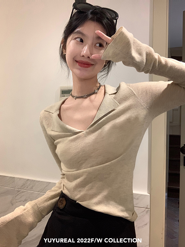 YUYUREAL-sexy and cute polo collar sweater for women in early autumn thin design bottoming wool top