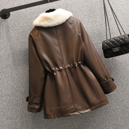 Plus size women's winter new fashion temperament waist-cinching fur all-in-one motorcycle plus velvet leather jacket