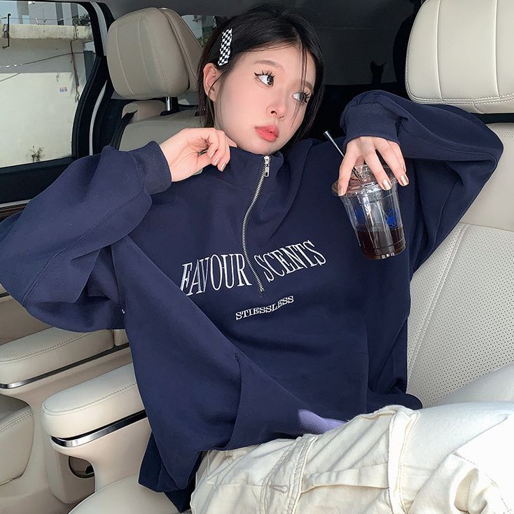 加絨加厚polo立領復古大碼衛衣長袖女裝秋冬季寬鬆外穿上衣