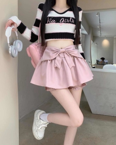 Bow skirt women's anti-exposure culottes high waist hot girl fluffy A-line skirt short skirt