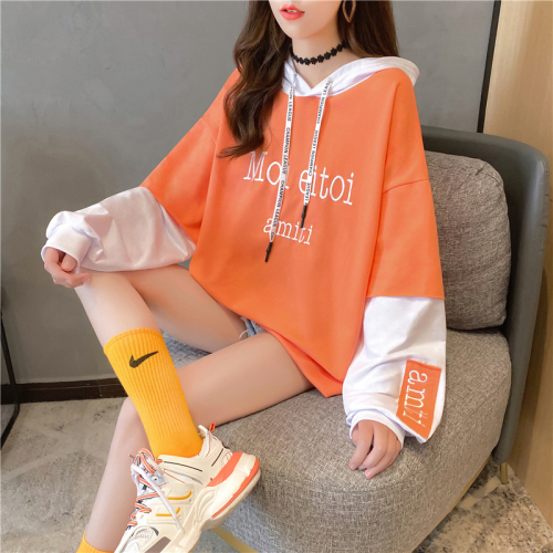 Actual shot of autumn Korean style loose hooded fake two-piece embroidered mid-length plus size women's thin sweatshirt for women