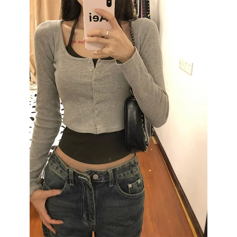 Fake two-piece pure lust style short long-sleeved T-shirt for women spring and autumn 2023 new bottoming shirt with sweet and spicy top