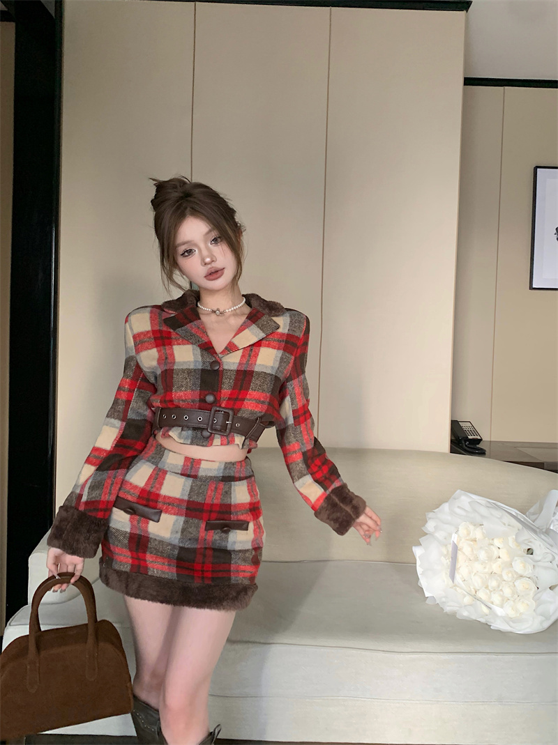 實拍 辣妹復古格子小西裝外套上衣+高腰半身裙包臀裙短裙套裝
