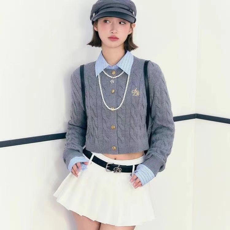 ANDYET AD1 原創刺繡學院風絞花針織開衫圓領寬鬆短款毛針織衫女