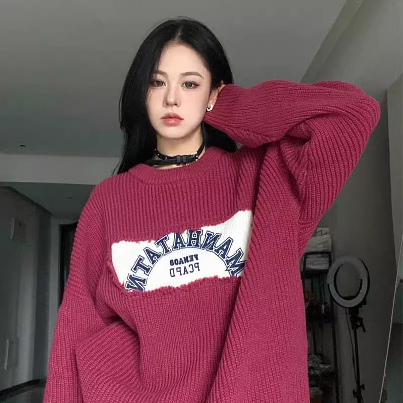 設計感小眾貼布字母印花寬鬆套頭毛衣女慵懶風氣質百搭外穿針織衫