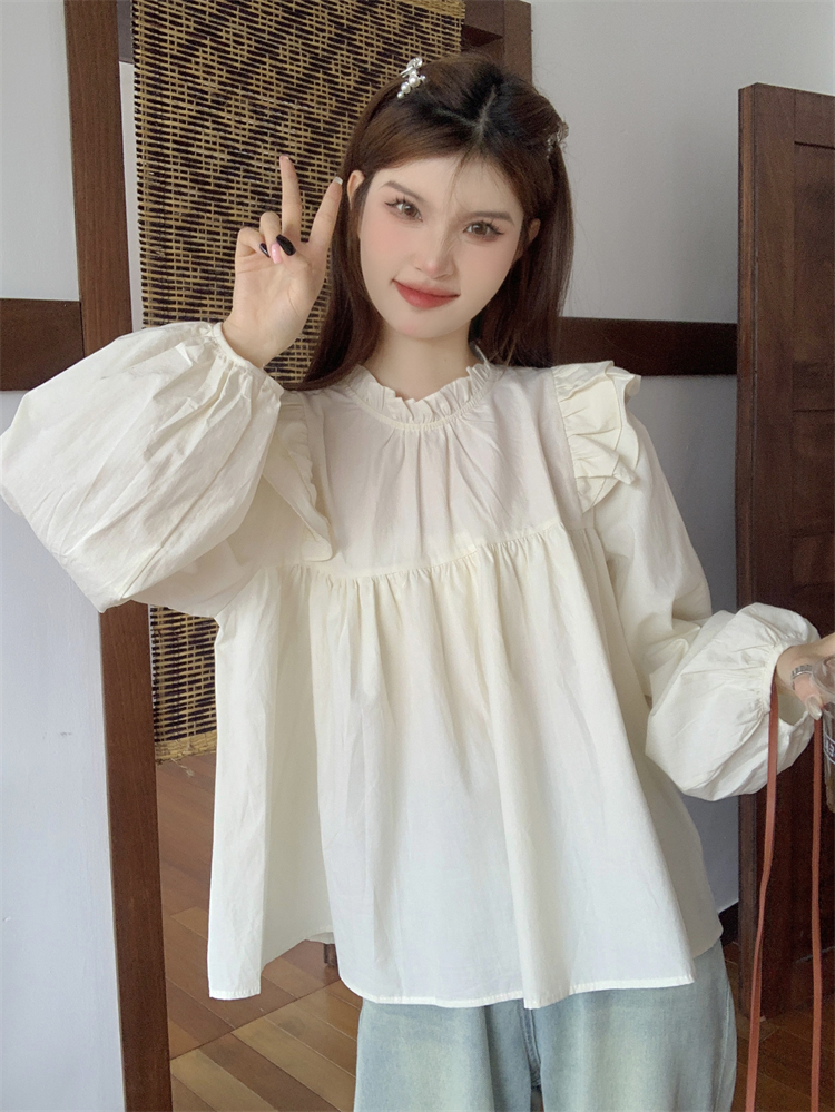 實拍 早秋新款百搭純色寬鬆荷葉邊長袖上衣女襯衫
