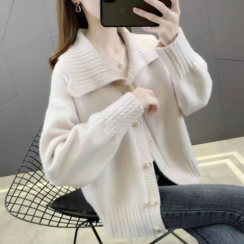 Black internet celebrity wool coat for women 2023 new style doll collar sweater cardigan spring style loose top versatile