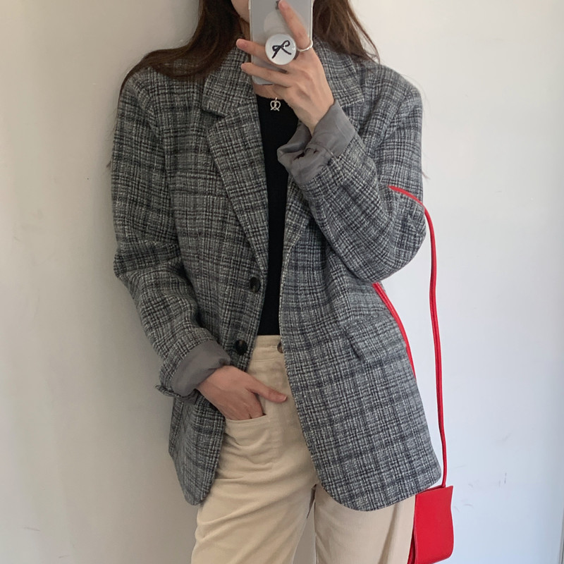 Actual shot of niche retro contrasting plaid woolen long-sleeved lapel single-breasted blazer