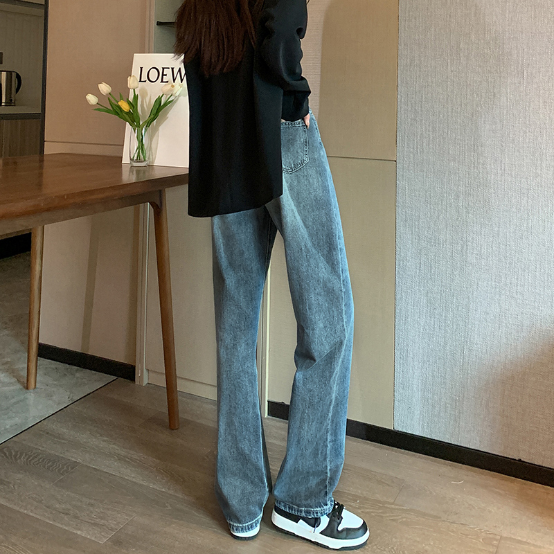 實拍2023秋季時尚高腰百搭經典直筒顯瘦寬鬆闊腿拖地牛仔褲女
