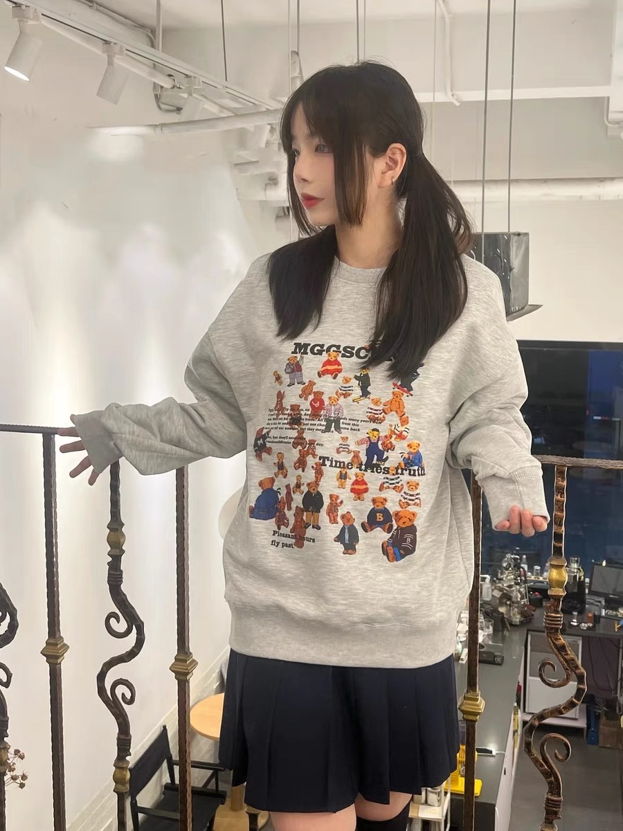 美式重磅衛衣女圓領無帽子復古帕丁頓熊印花寬鬆秋冬薄厚加絨上裝