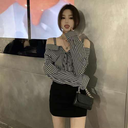 One-shoulder shirt dress women's early autumn design niche  new hot girl sexy hip-covering short skirt