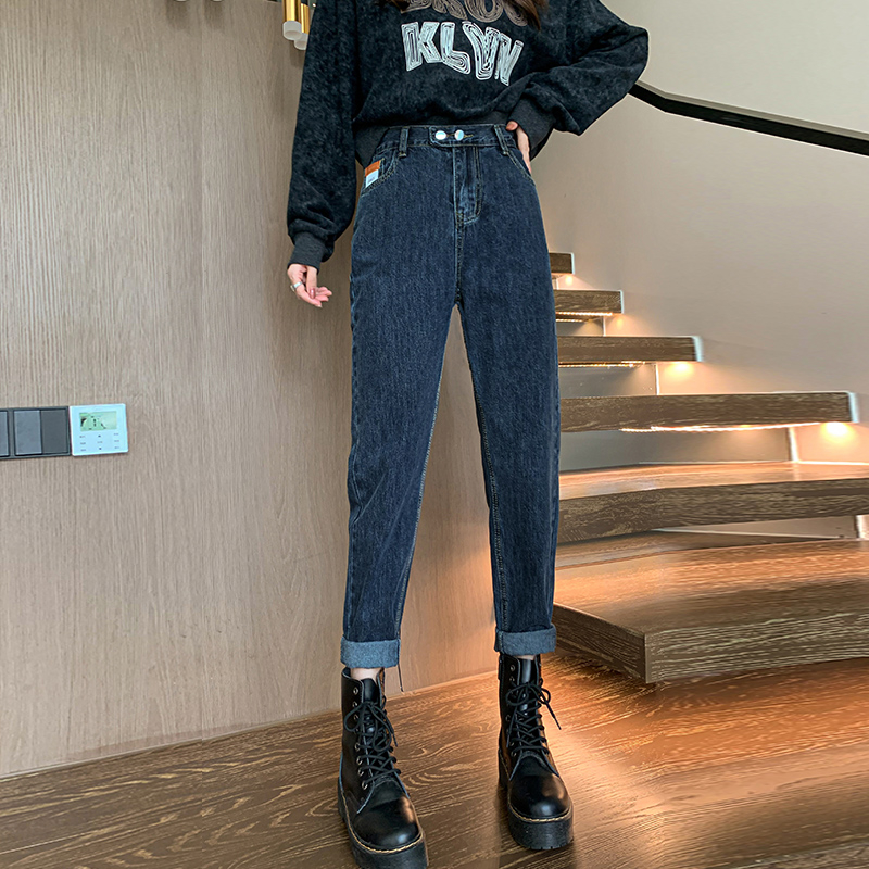 實拍2023秋季時尚寬鬆哈倫褲高腰老爹蘿蔔牛仔褲女