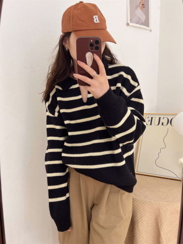 Striped long-sleeved sweater women's POLO shirt loose lazy style pullover simple student age reduction contrast color trendy casual