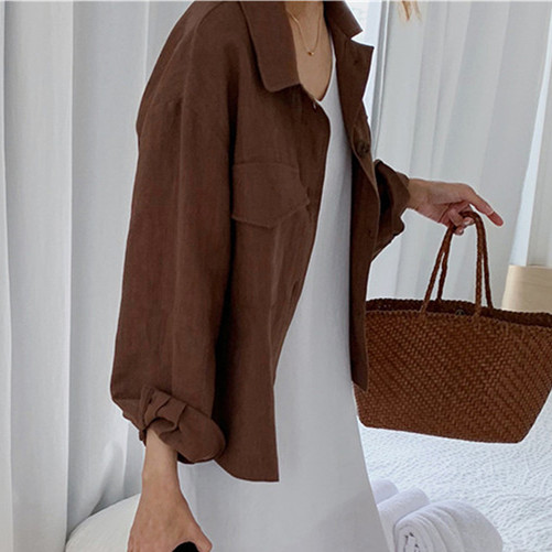 Pol collar large pocket loose jacket work top for women 2023 new Korean style cotton and linen air-conditioned jacket casual jacket