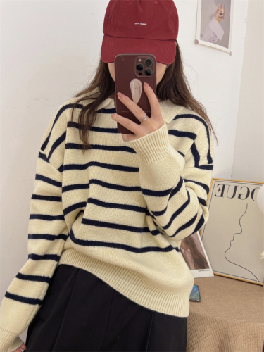 Striped long-sleeved sweater women's POLO shirt loose lazy style pullover simple student age reduction contrast color trendy casual