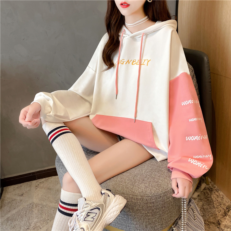 Actual shot of autumn Korean style loose hooded patchwork color mid-length large size women's thin sweatshirt for women